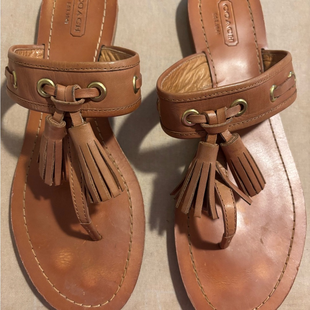 Coach Sheena Tan Leather Tassel Sandals